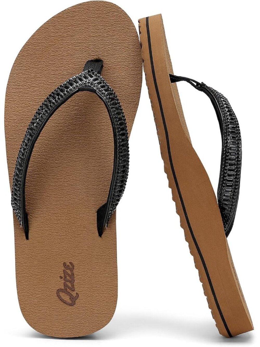 Women's Black Khaki Summer Comfortable Flip Flops with Rhinestone Thong Sandals